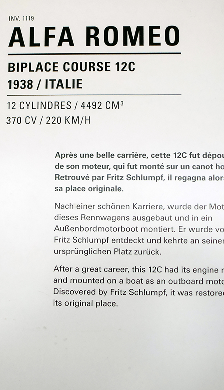 Alfa Romeo 12C biplace sport 1938 infos - Cité de l'automobile, Collection Schlumpf, Mulhouse