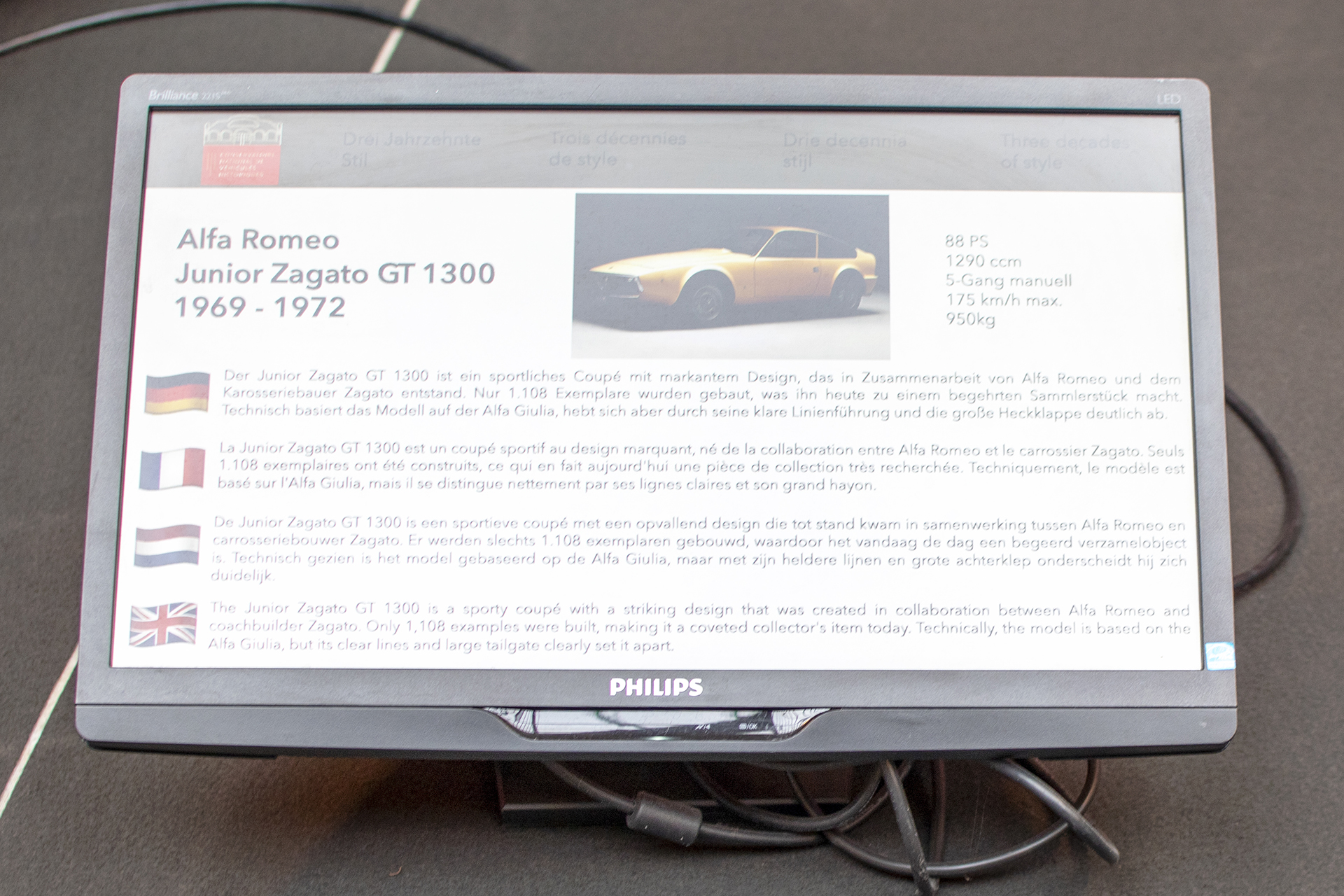 Alfa Romeo Junior Zagato GT 1300 infos - Conservatoire National de Véhicules Historique s,Diekirch, exposition Eleganza su Strada 2025-2026