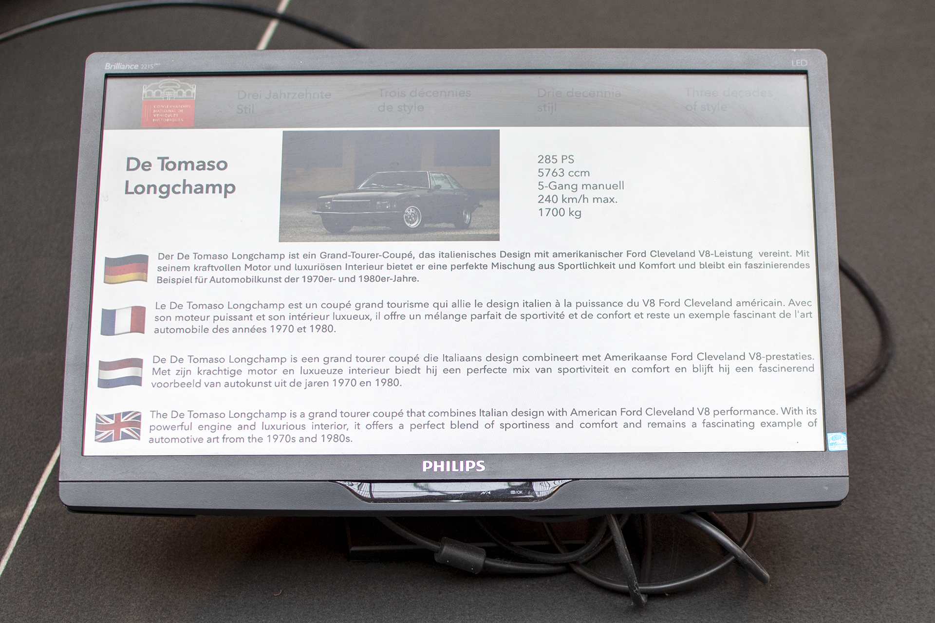 De Tomaso Longchamp infos - Conservatoire National de Véhicules Historique s,Diekirch, exposition Eleganza su Strada 2025-2026