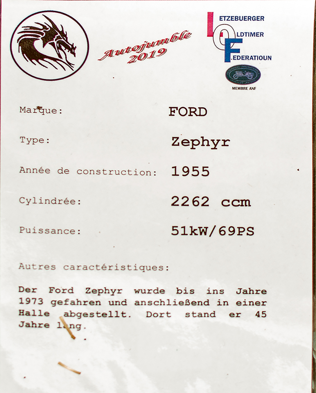Ford Zephyr Mark I Six 1955 infos - LOF, Autotojumble, Luxembourg, 2019
