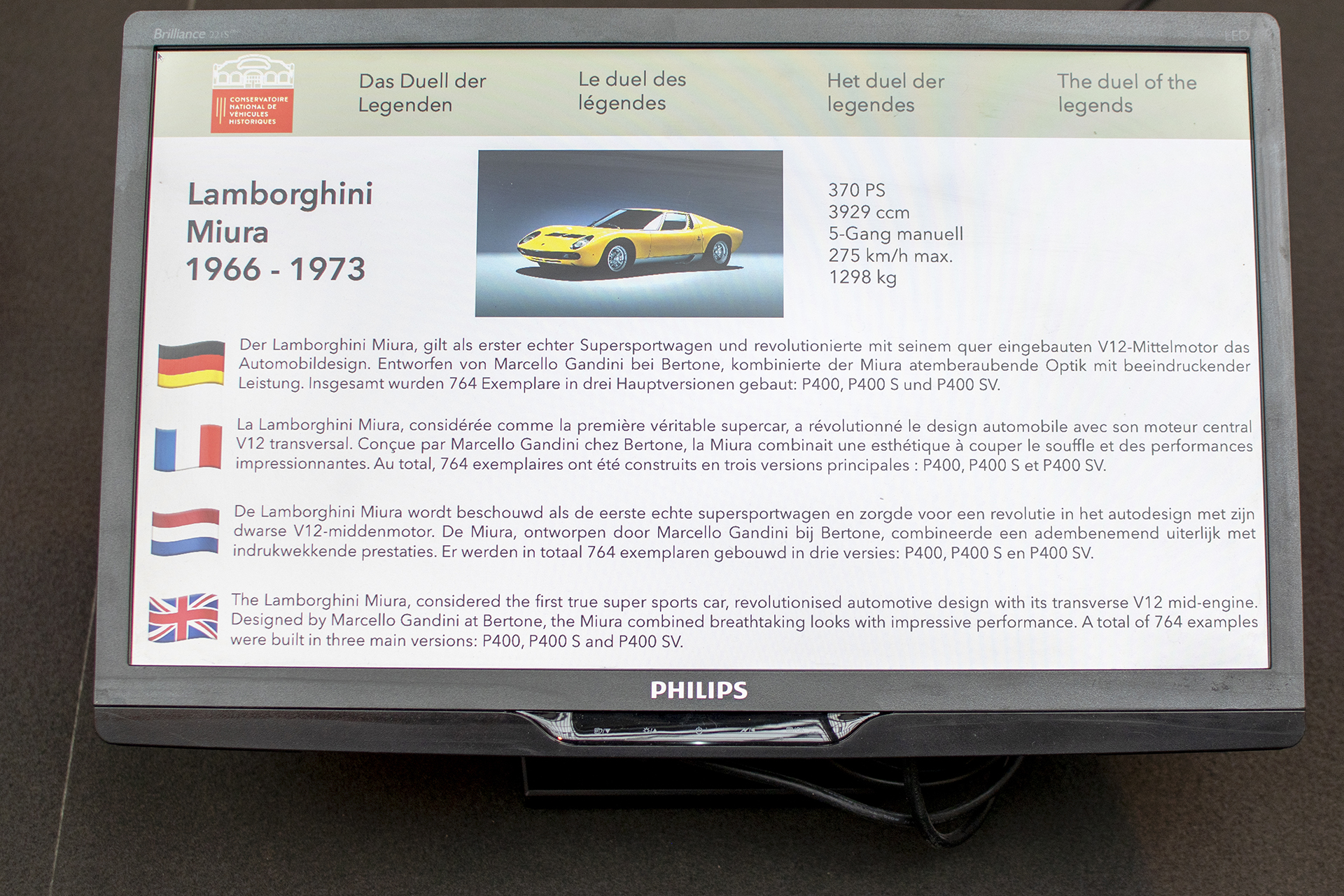 Lamborghini  Miura P400 S 1970Conservatoire National de Véhicules Historique s,Diekirch, exposition Eleganza su Strada 2025-2026