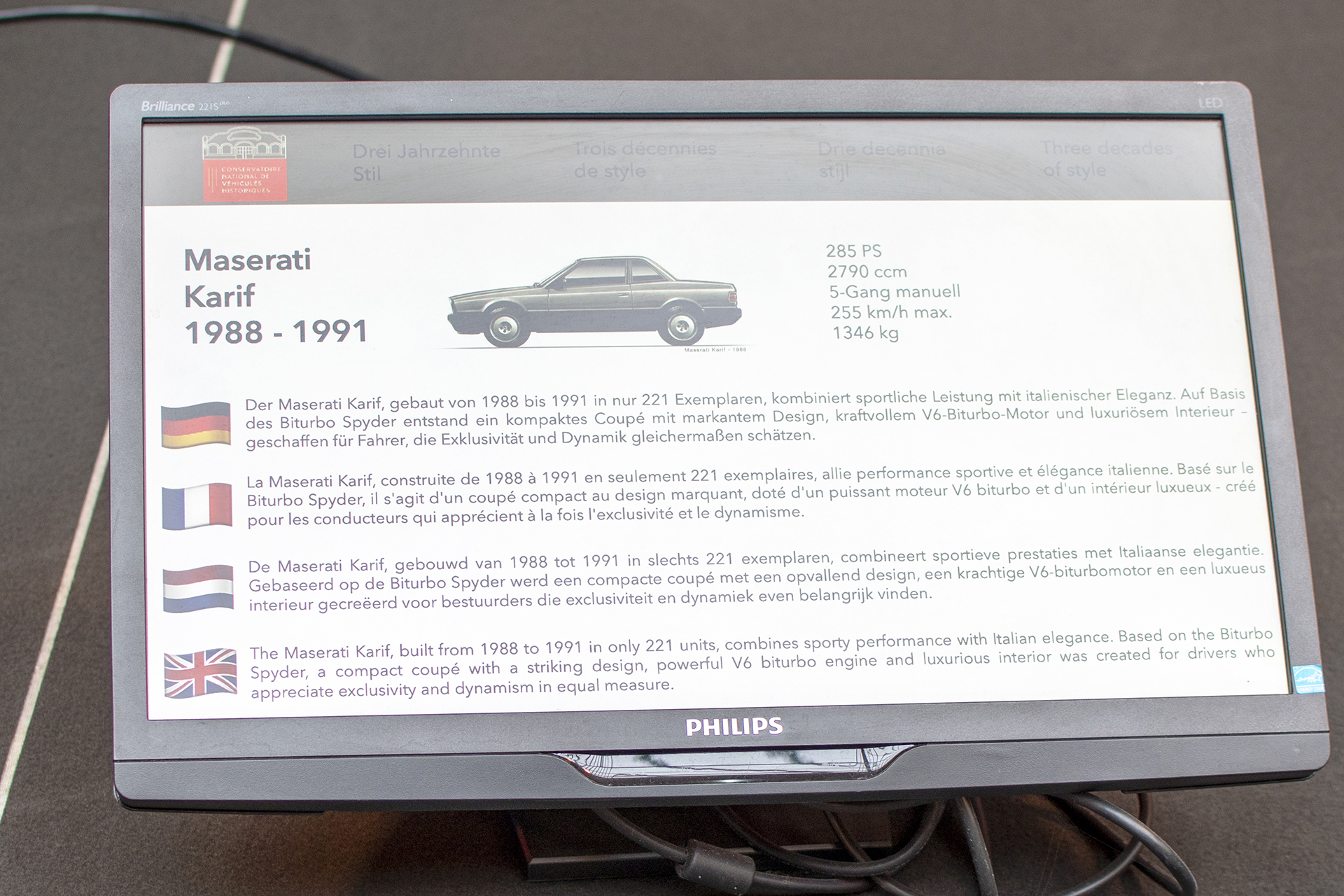 Maserati Karif Zagato 1991 - Conservatoire National de Véhicules Historique s,Diekirch, exposition Eleganza su Strada 2025-2026