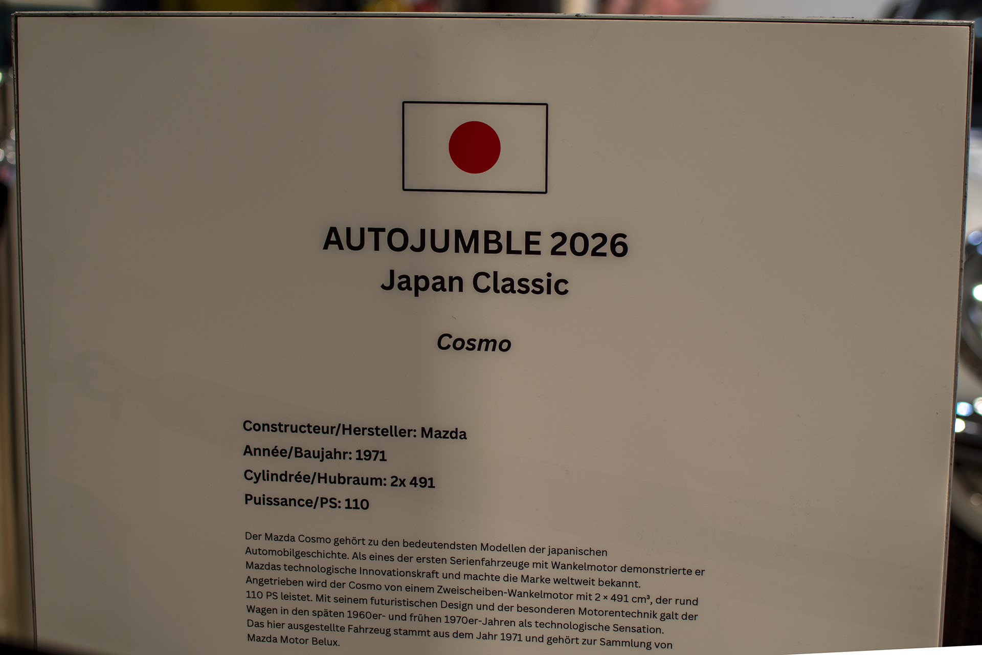 Mazda Cosmo Sport 110S  infos - LOF, Auto Jumble ,2026, Luxembourg, all thing classic, Japan classic
