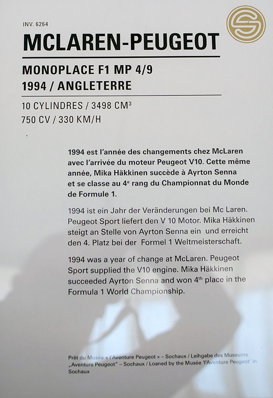 McLaren-Peugeot MP4/9 F1 1994 - Cité de l'automobile, Collection Schlumpf, Mulhouse