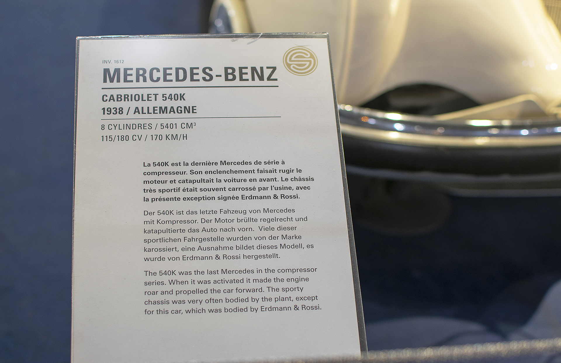 Mercedes-Benz W24 540K Cabriolet 1936 infos - Cité de l'automobile, Collection Schlumpf, Mulhouse, 2020