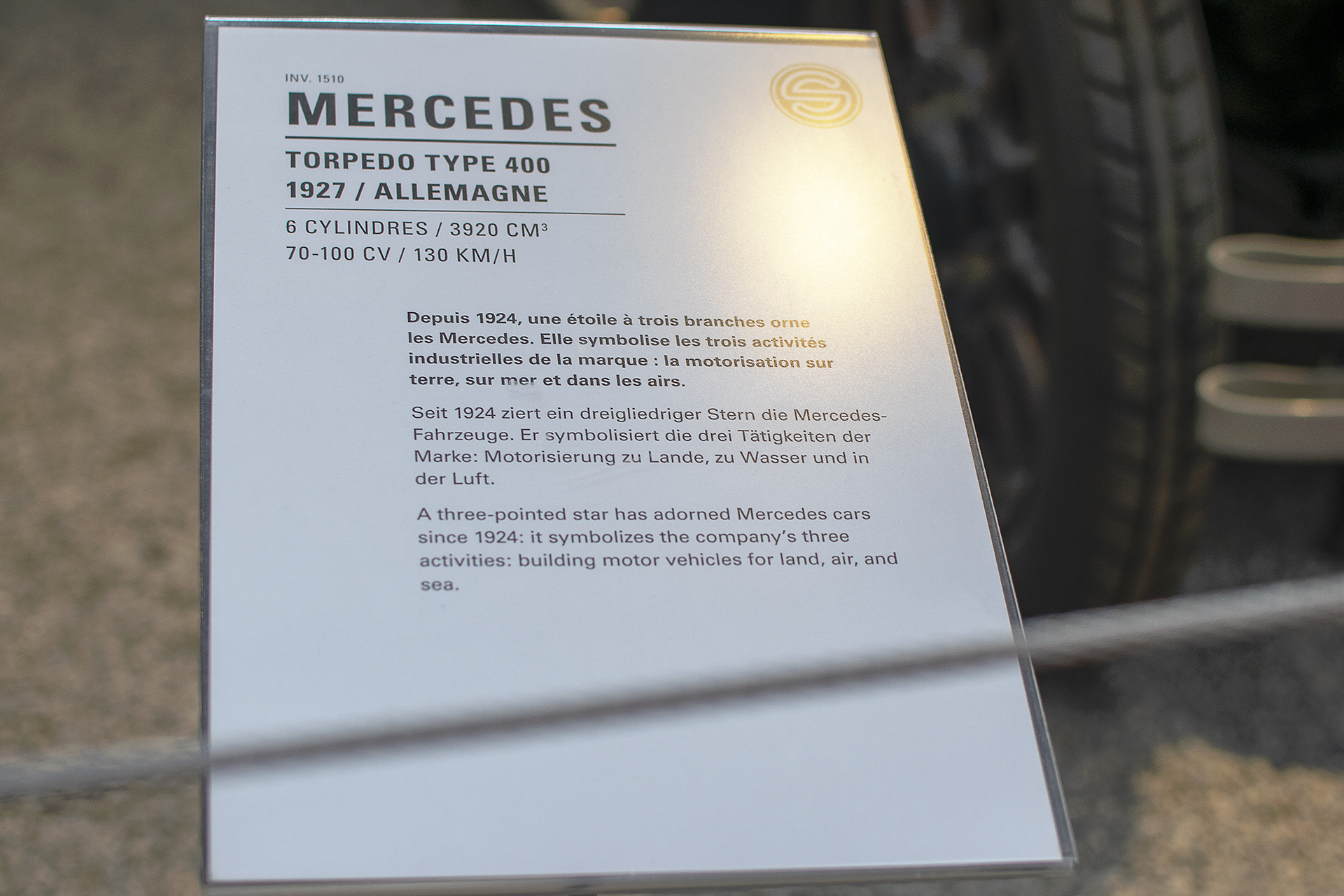 Mercedes type 400 Torpédo 1927 infos - Cité de l'automobile, Collection Schlumpf, Mulhouse, 2020