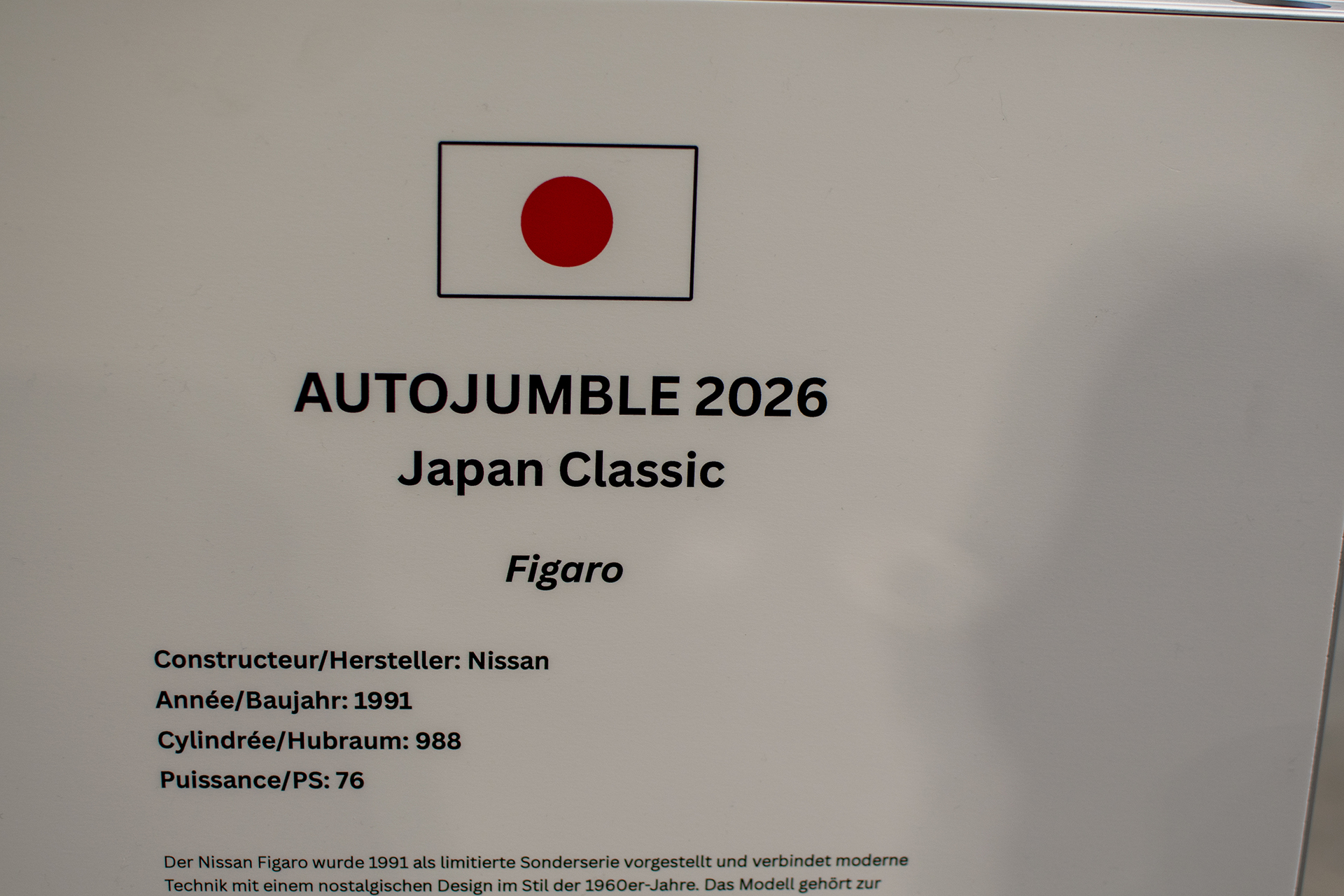Nissan Figaro 1991 infos - LOF, Auto Jumble ,2026, Luxembourg, all thing classic, Japan classic
