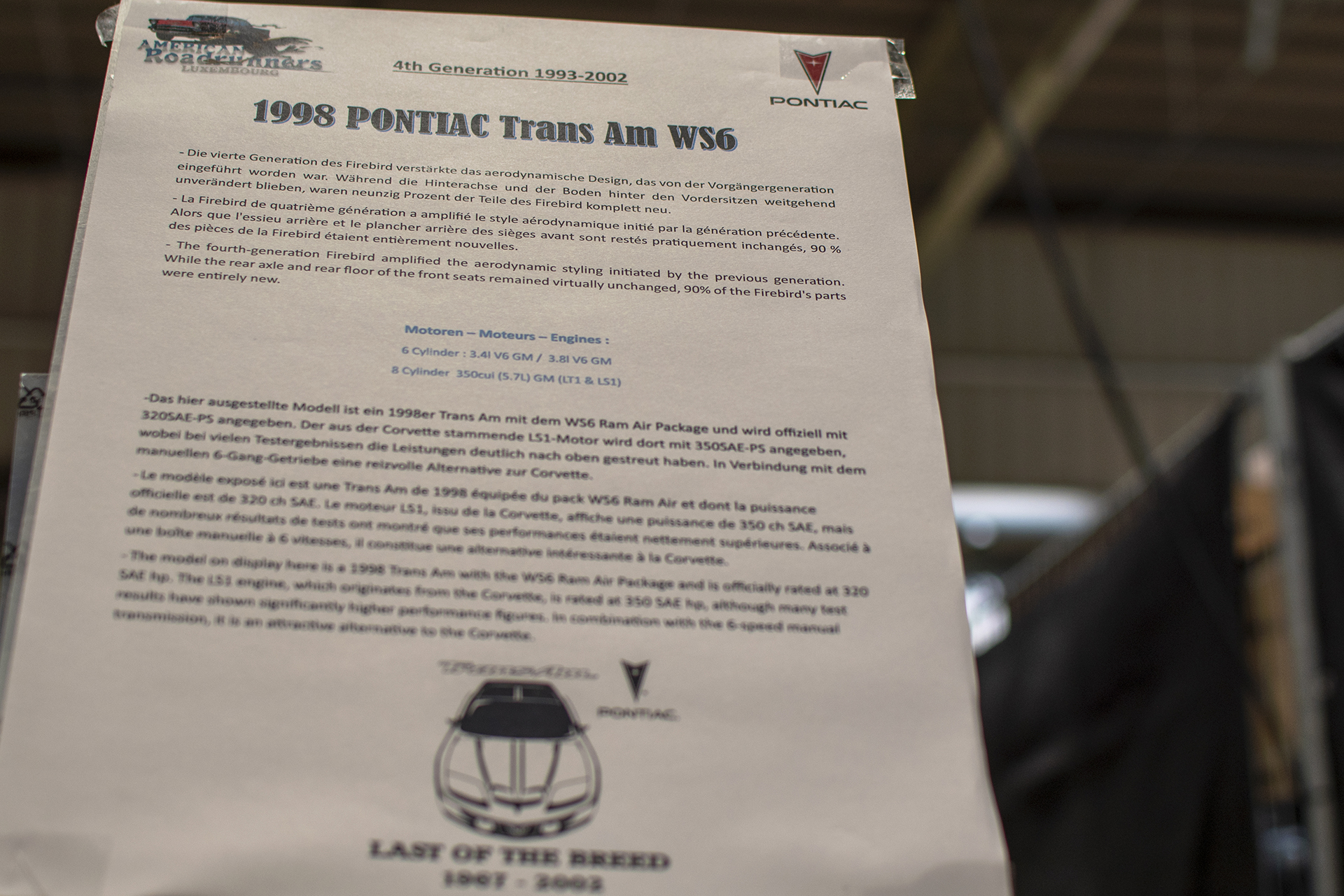 Pontiac Firebird IV Trans Am WS6 1998 infos - LOF, Auto Jumble ,2026, Luxembourg, all thing classic, Japan classic Pontiac Firebird IV Trans Am WS6 1998 infos - LOF, Auto Jumble ,2026, Luxembourg, all thing classic, Japan classic