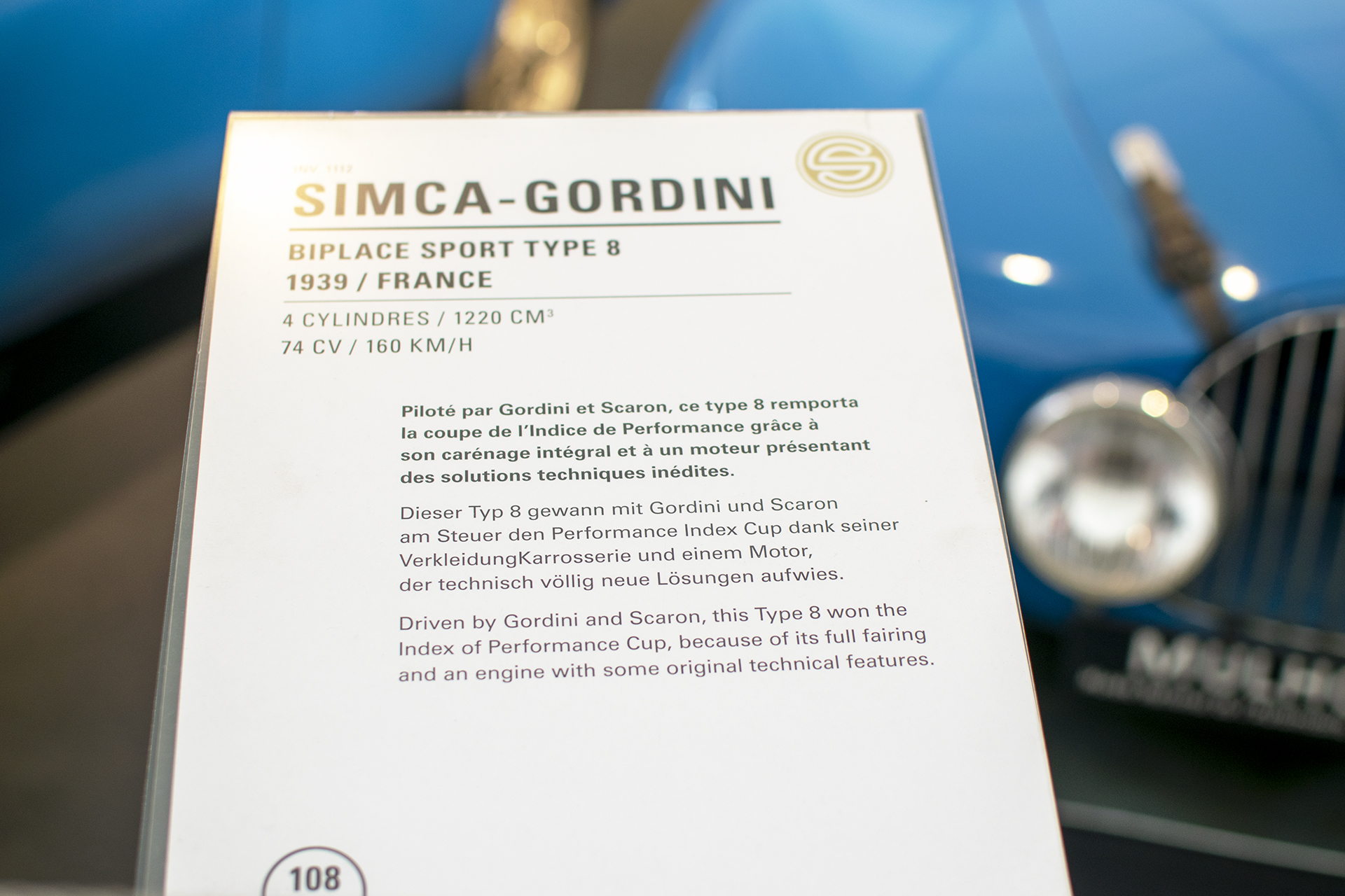 Simca-Gordini 8 biplace sport 1939 infos - Cité de l'automobile, Collection Schlumpf, Mulhouse, 2020