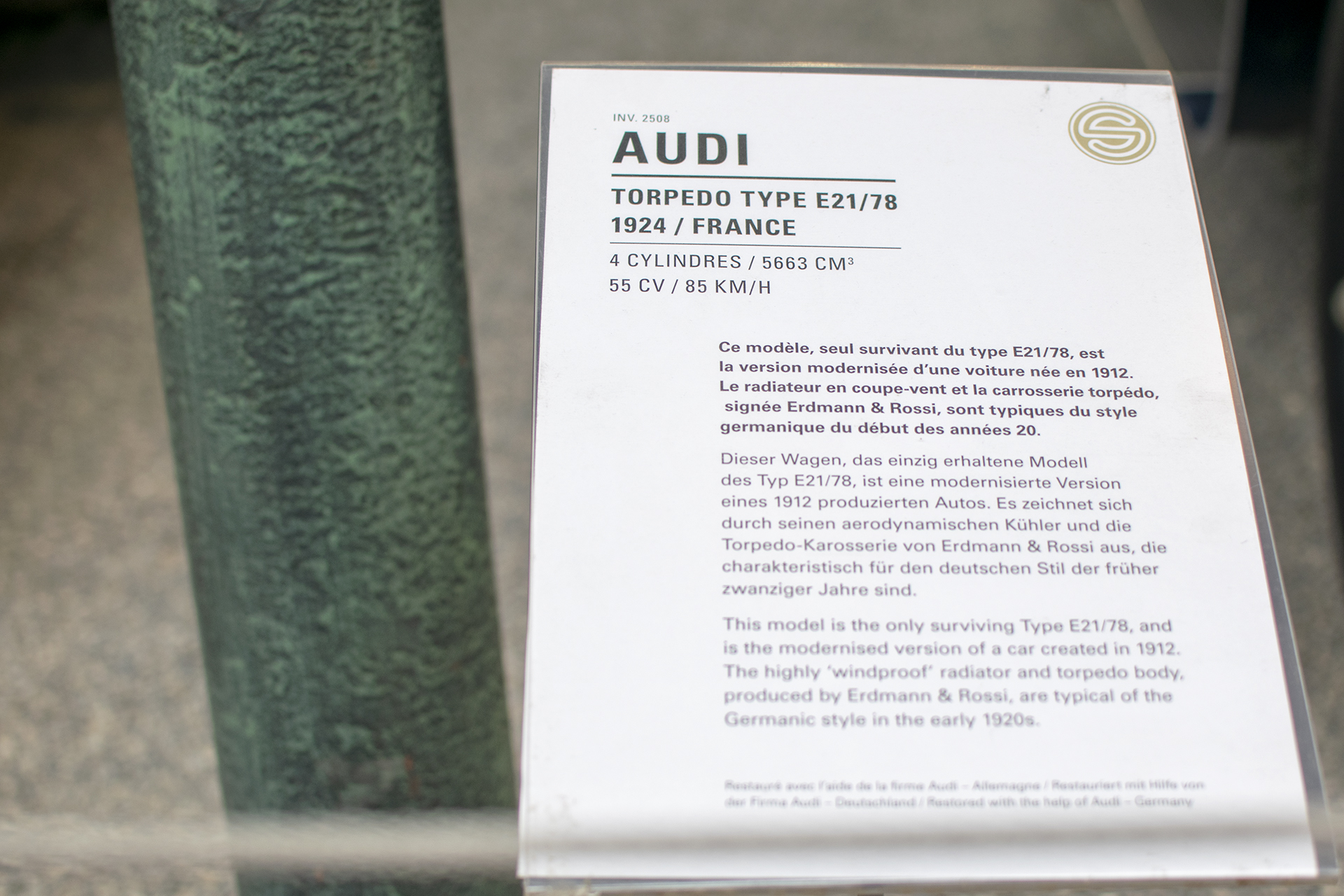 Audi E21/78 1924 infos - Cité de l'automobile, Collection Schlumpf, Mulhouse, 2020