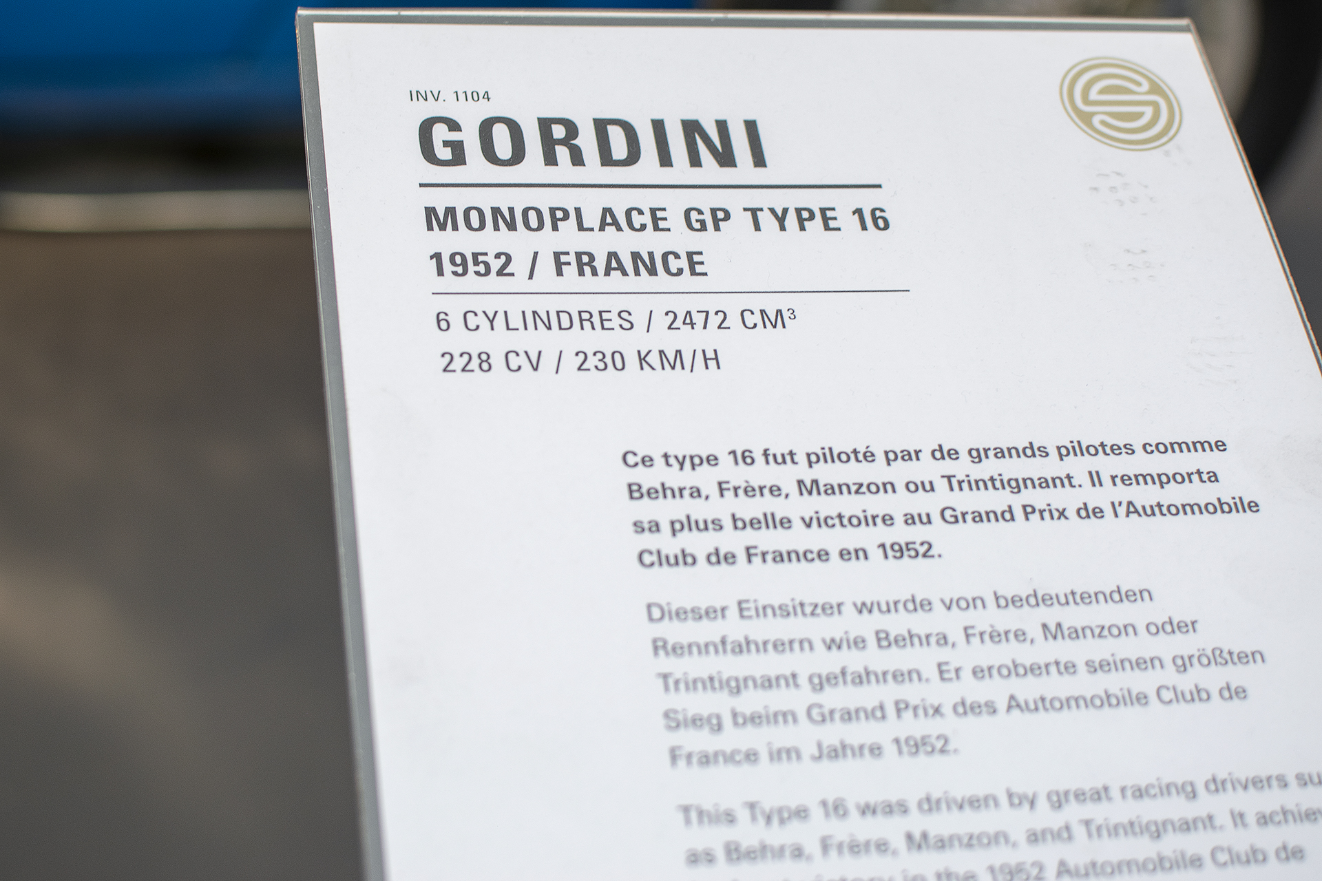 Gordini 16 monoplace GP 1952 infos - Cité de l'automobile, Collection Schlumpf, Mulhouse, 2020